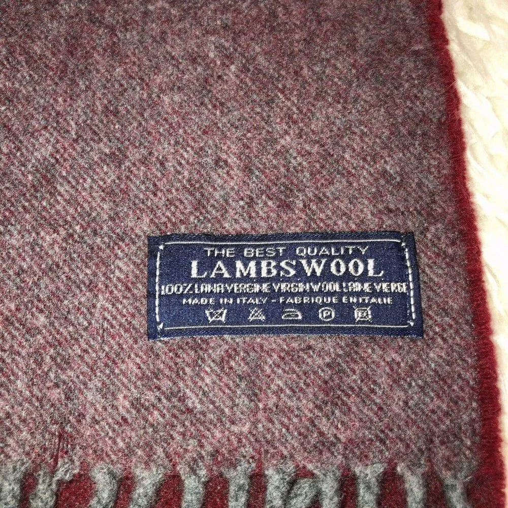 Lauren RALPH LAUREN Wool Red Gray 100% Virgin Lambswool Fringe Logo Italy